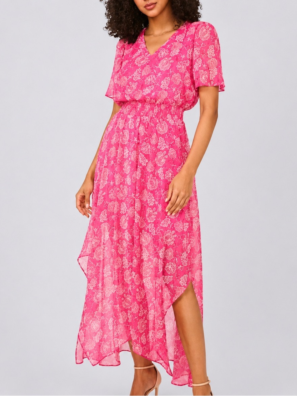 🆕💖MSK Pink Floral Chiffon Maxi Dress Size M Flutter Boho Romantic Wedding Guest